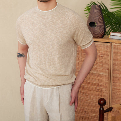 Breathable Round Neck Linen Cotton Casual Knitted Short-sleeved T-shirt Hemp Apricot - D&A