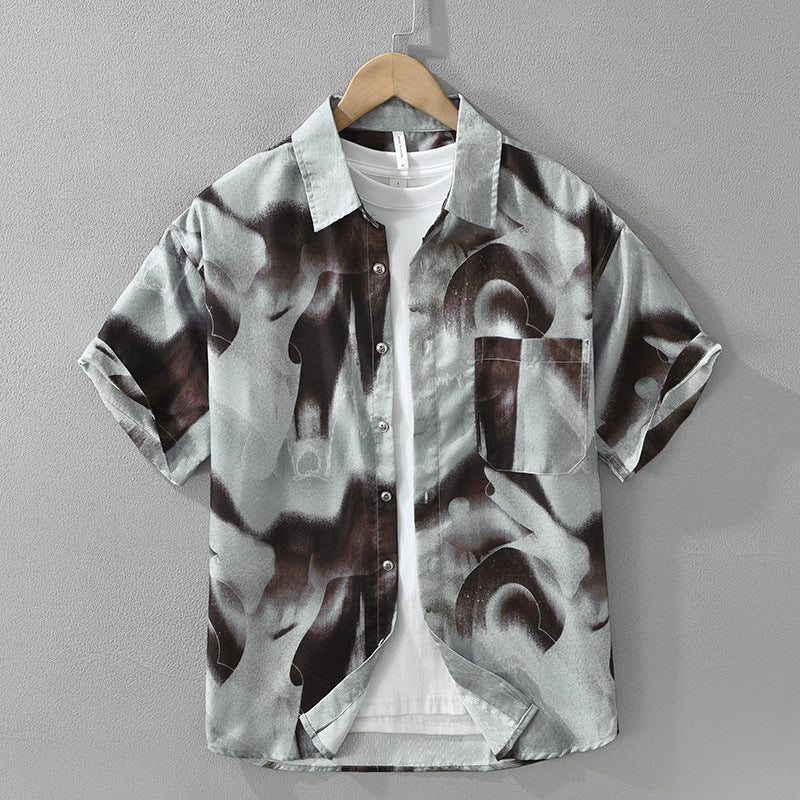 Japanese Trendy Printed Short Sleeve Shirt Brown - D&A