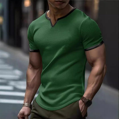 Color-block V Neck Outdoor Sports Waffle T-shirt - D&A