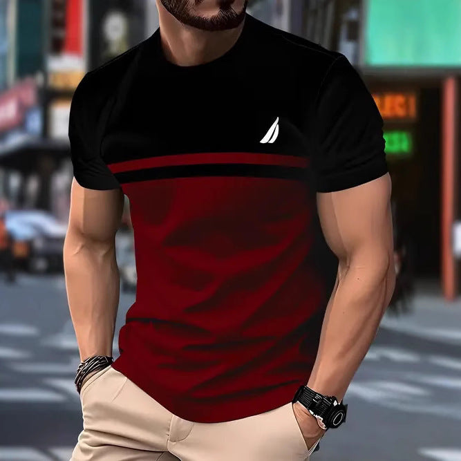 New Fashion Casual High Quality Contrast Color Men's Short Sleeve T-shirt Dark Red - D&A