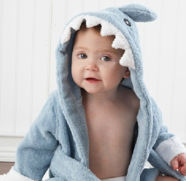 Cartoon Cute Animal Modeling Baby Bath Towels Baby Bathrobes Cotton Children's Bathrobes Baby Hooded Blue shark - D&A