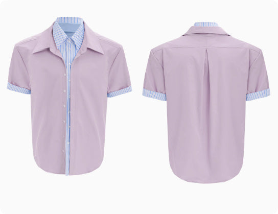 Male Niche Striped Contrasting Patchwork Shirt Top Pink short sleeved - D&A