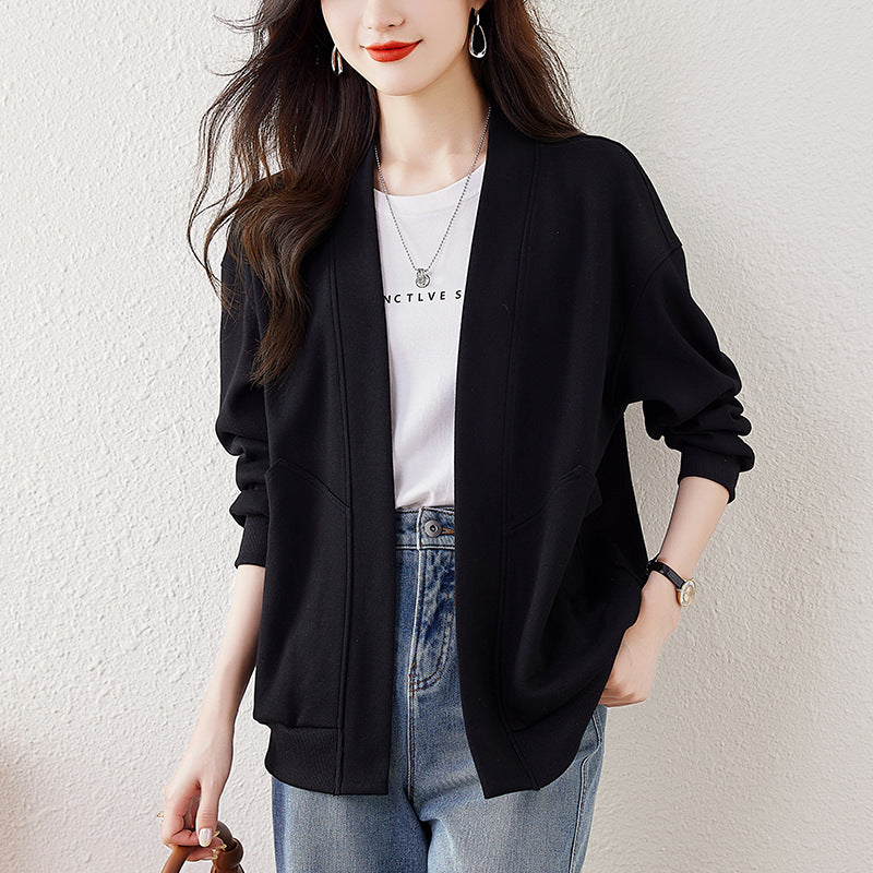 Lazy V-neck Sweatshirt Cardigan Women's Loose Casual Jacket All-matching Drop-shoulder Sleeve - D&A