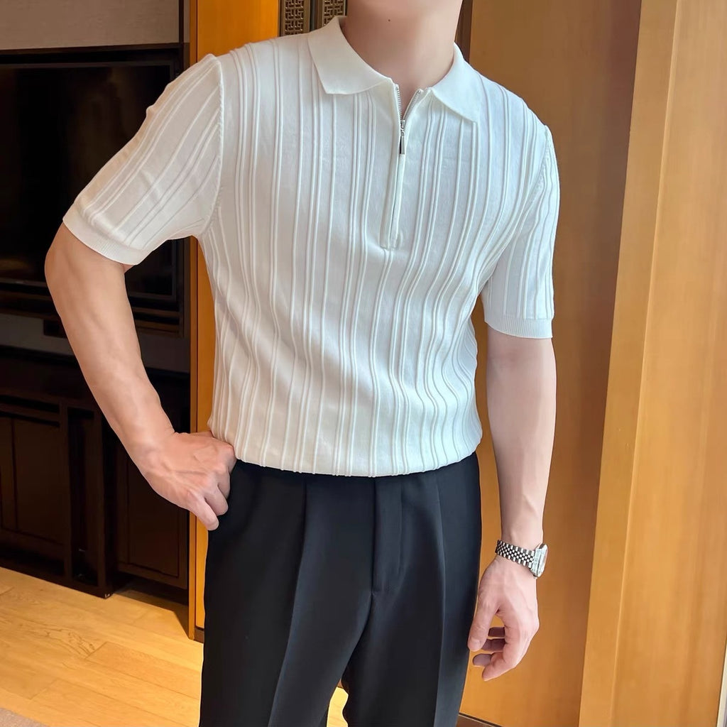 Casual Zipper Short Sleeve Men's Retro Elegant Jacquard Lapel - D&A