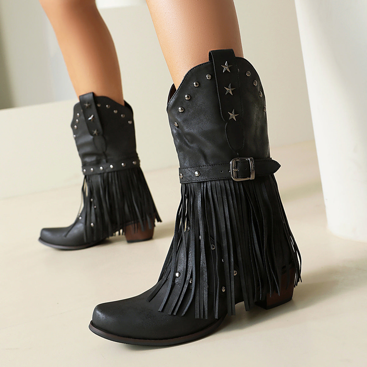 Autumn And Winter Tassel Women's Western Rivet Belt Buckle Tassel Middle Boots - D&A