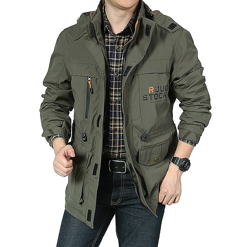 Spring thin Jacket jacket Men's casual outdoor waterproof breathable long hooded stand collar Jackets men 086 Green 5XL - D&A