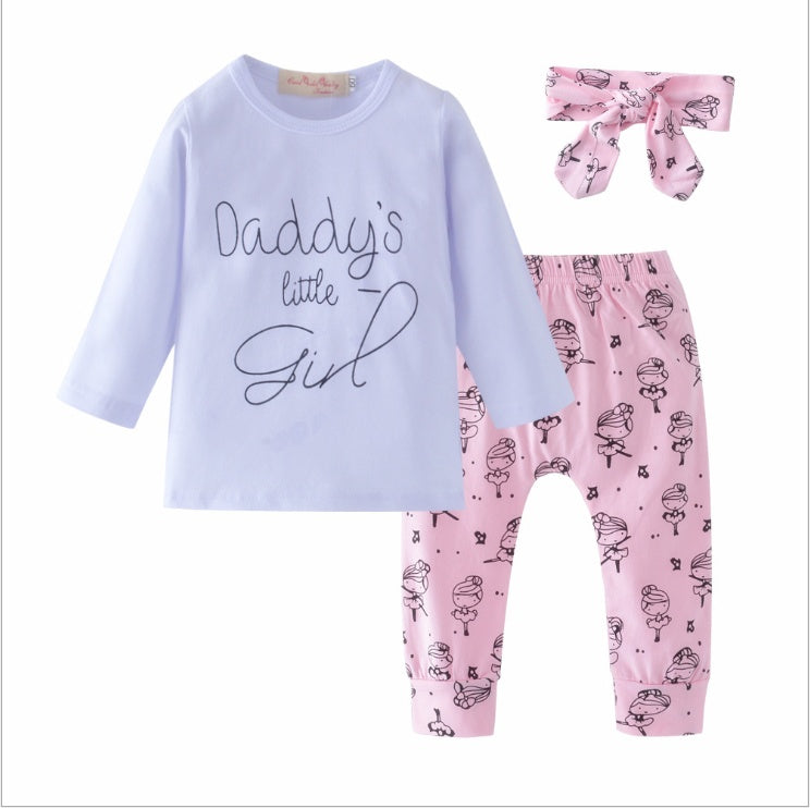 Infant Baby Girls Clothes Daddy's Little Girl T-shirt Cartoon Pants Headband Toddler Outfits Clothing Set Long sleeve - D&A