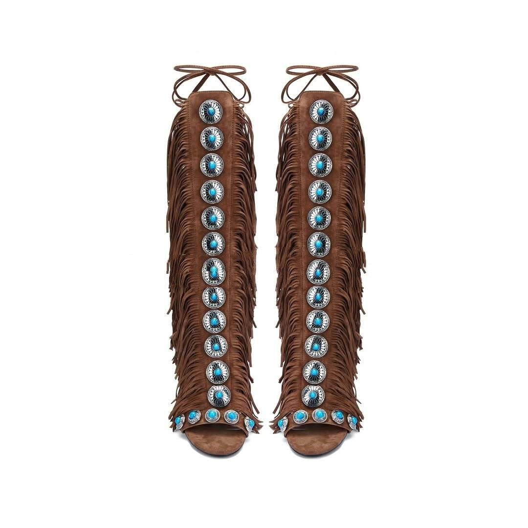 European And American Flowing Comb Beauty High Heel Sandal Boots Strap Plus Size Yellowish Brown - D&A