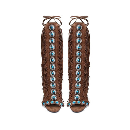 European And American Flowing Comb Beauty High Heel Sandal Boots Strap Plus Size Yellowish Brown - D&A