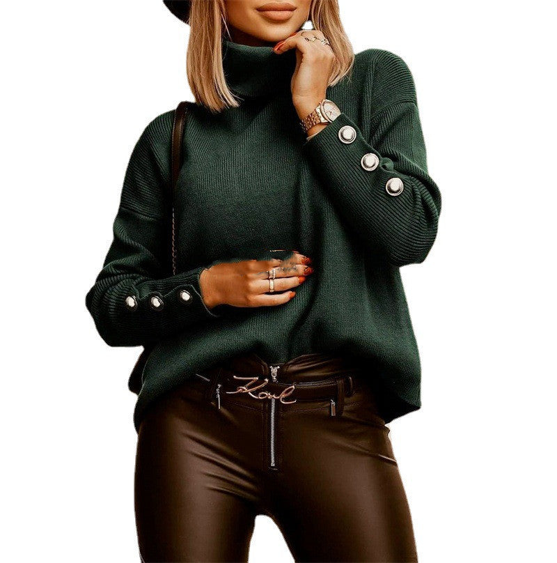 Women Solid Color Turtleneck Sweater Fashion Winter Tops Green - D&A
