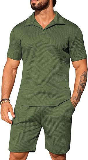 Men's Casual Solid Color Polo Short Oversleeves Dark Green - D&A