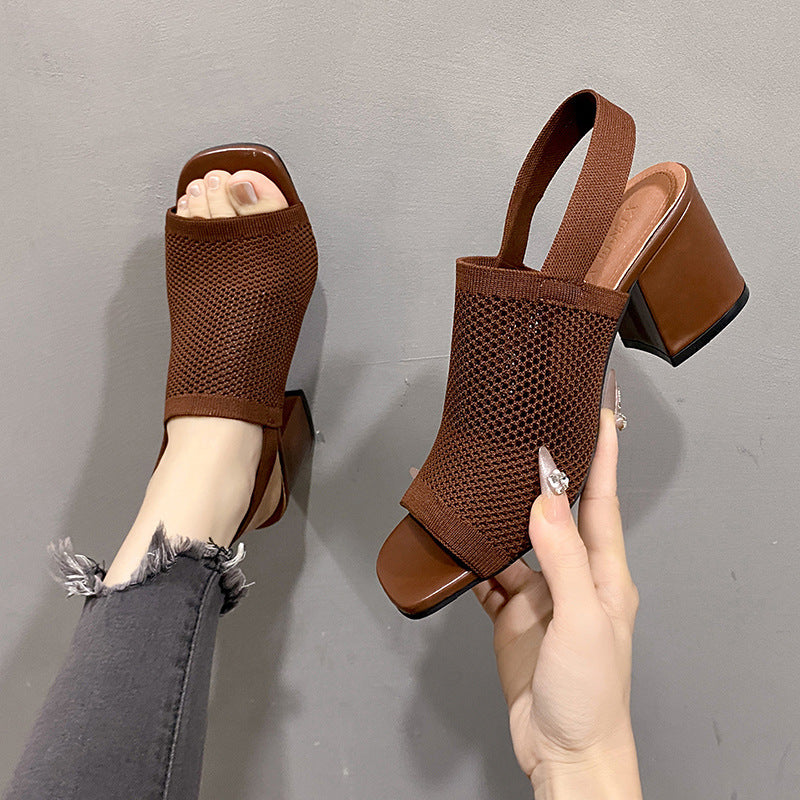 European And American Flying Woven High Heel Chunky Heel Sandals For Women - D&A