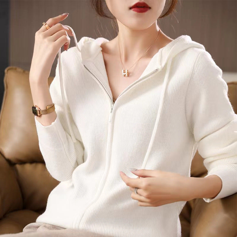 Double-headed Zipper Hooded Knit Women's Cardigan Coat Beige Free Size - D&A