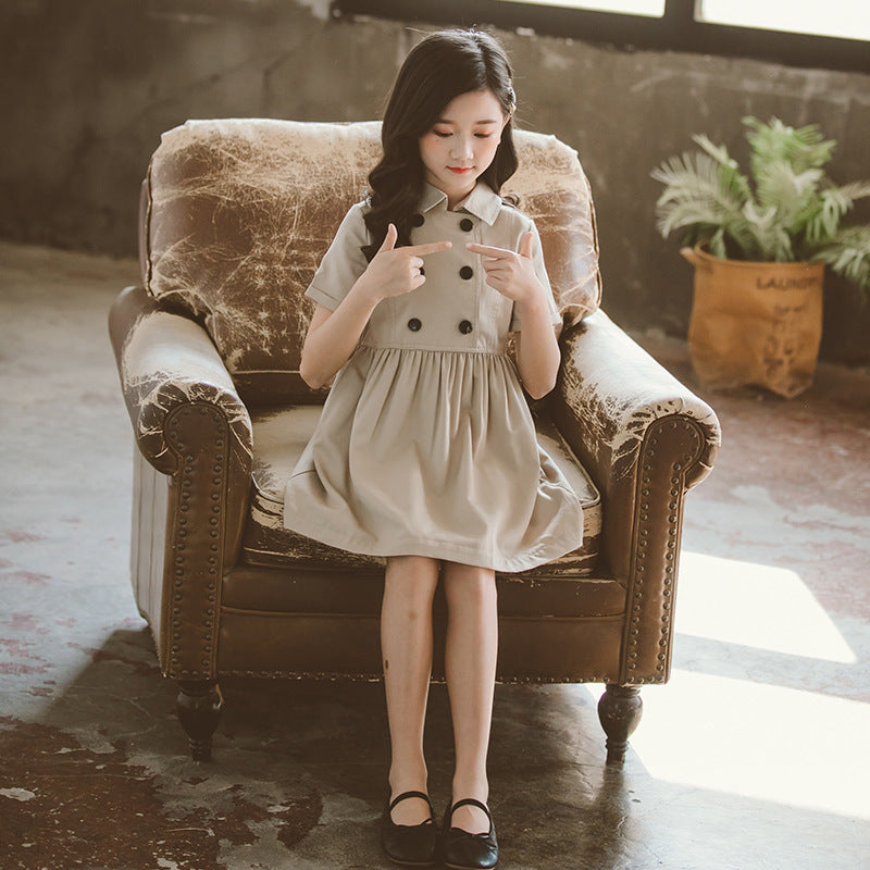 Kids Summer Clothing Beige Korean Style Children Shirt Girls' Dress Medium And Large Children's Dress Children Shirt - D&A