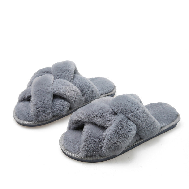 Open Toe Fluffy Slippers Women's Artificial Fur Couple Plush Gray - D&A
