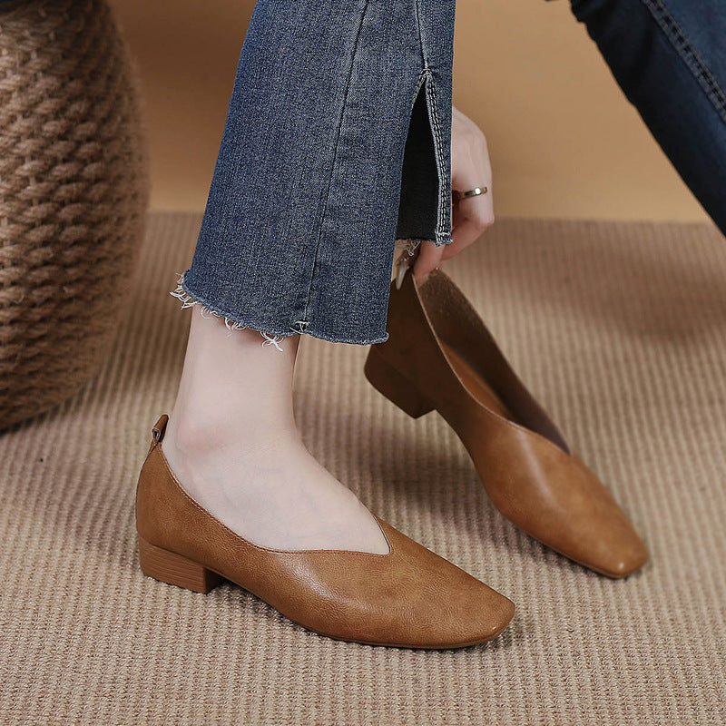 Square Toe Granny Shoes Flat Low-cut Shoes Casual All-matching Brown - D&A