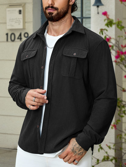Corduroy Tooling Thick Long Sleeves Coat Shirt Outdoor Casual Retro Black - D&A
