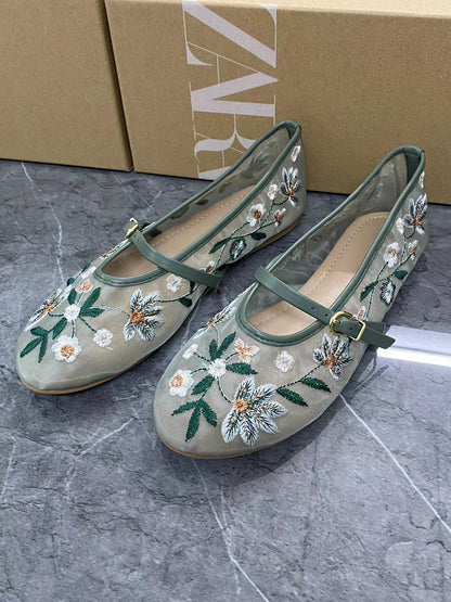 Women's Shoes Green Flower Embroidered Mesh Cloth Ballerina Flats New Guo Feng Green - D&A