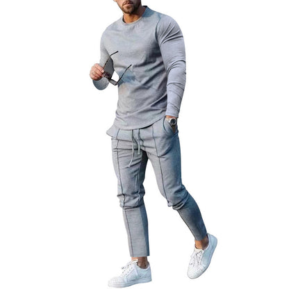 Spring Round Neck Long Sleeve T-shirt Trousers Solid Color Men's Two-piece Suit - D&A