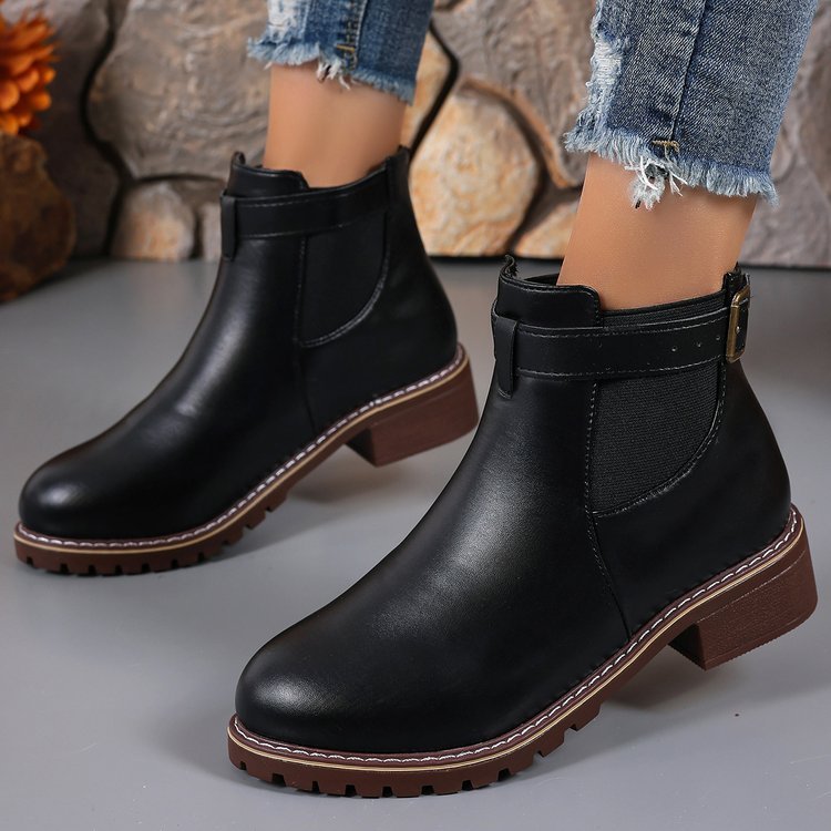 Belt Buckle Decoration Round Head Ankle Boots - D&A