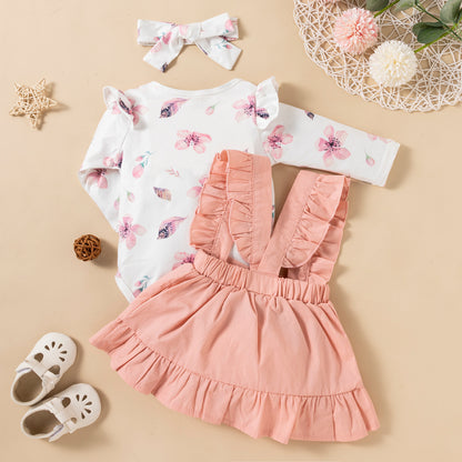 Printed Long-sleeved Baby Girl Romper Two-color Strap Ruffled Dress Headdress Three Pieces - D&A