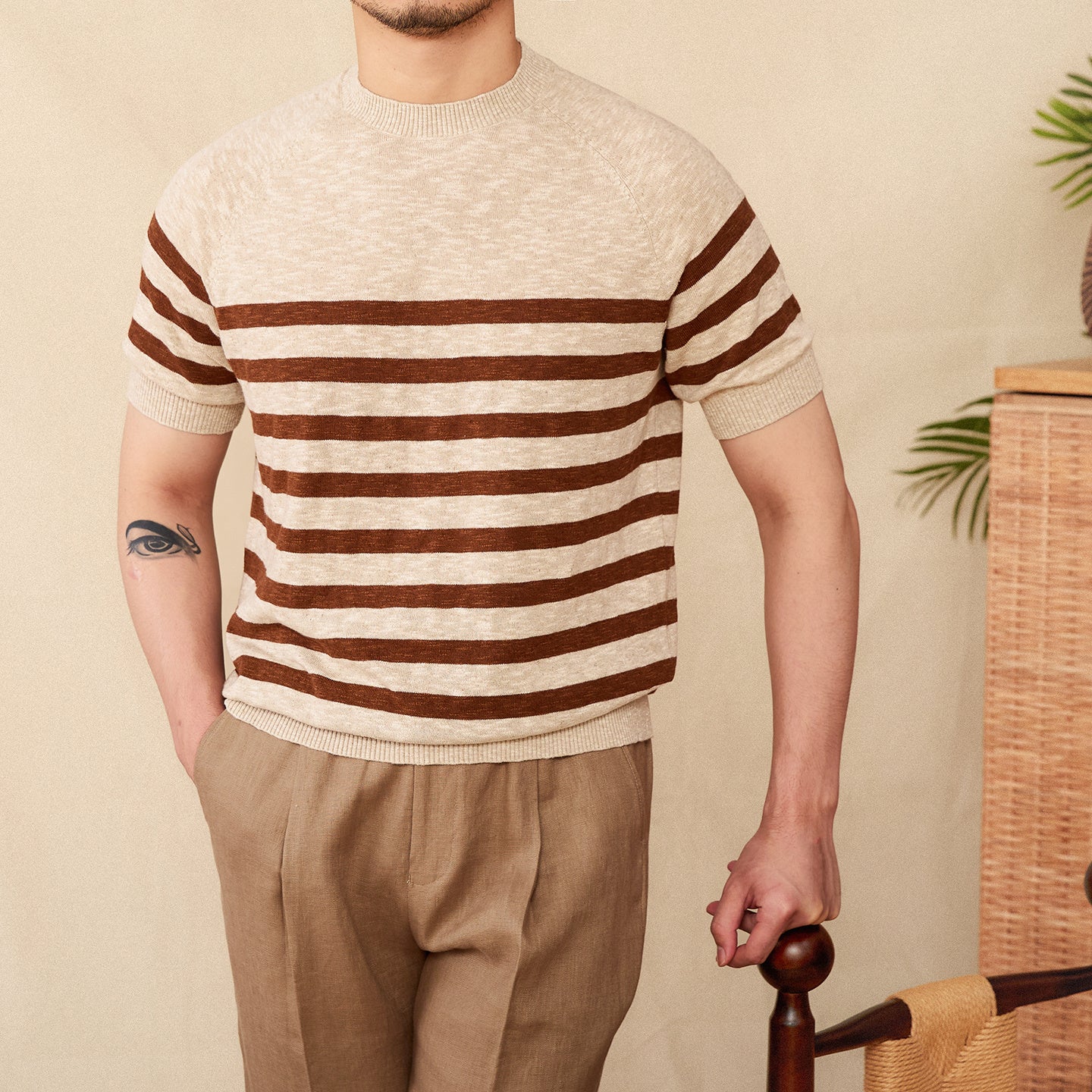Linen Leisure Cotton Short Sleeve Round Neck Stripe Knitted T-shirt - D&A
