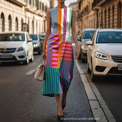 Sleeveless Plus Size Artistic Oil Painting Stripes Elegant Dress c901 - D&A