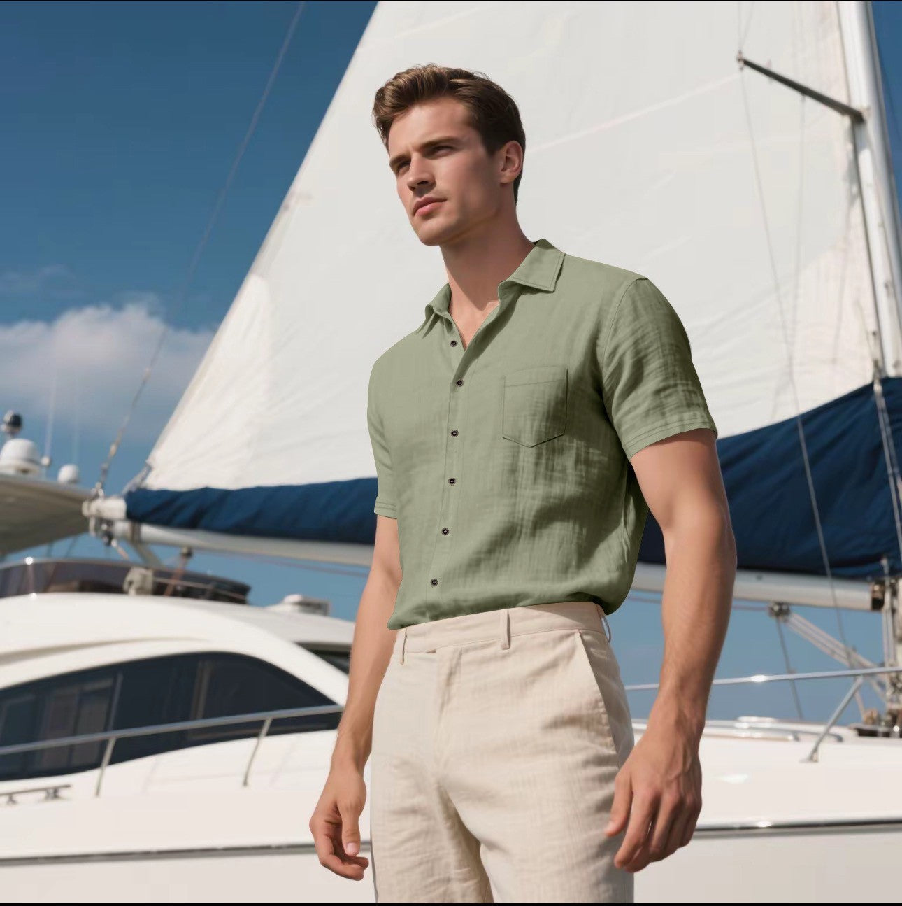 Men's Linen Short-sleeved Shirt Army Green - D&A