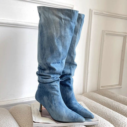 Pointed Toe Women's Stiletto Denim High Heel Below The Knee Boots Blue - D&A