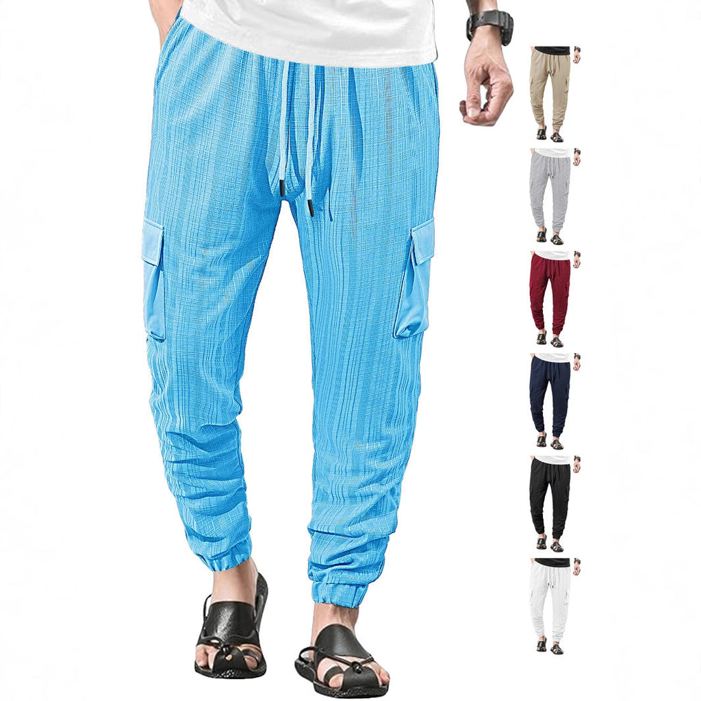 Loose Breathable Micro Elastic Lace-up Imitation Linen Plaid Men's Casual Pants Overalls - D&A