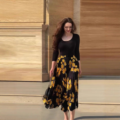 Women's New Long Sleeve U-neck Slim-fit Printed Skirt Two-piece Set - D&A