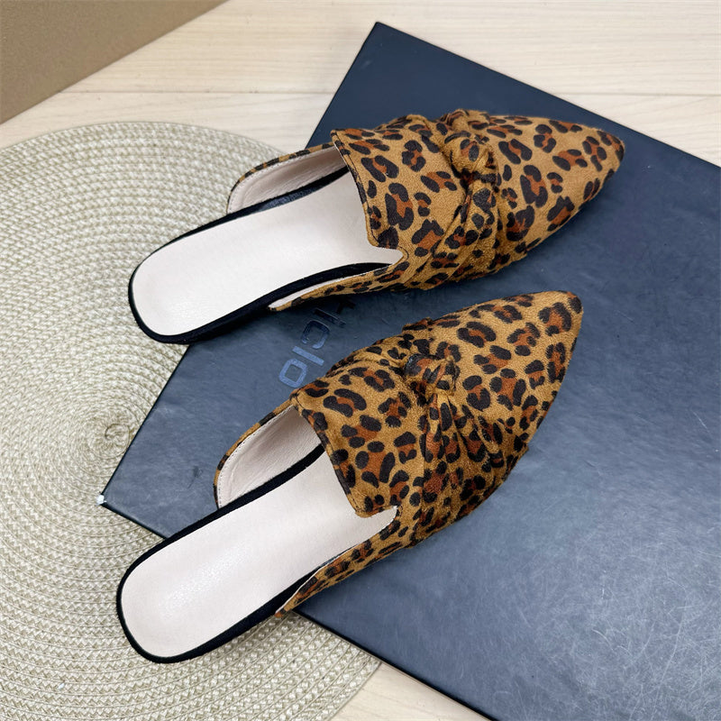Bow Toe Korean Style Simple Pointed Flat Lazy Half Slippers Leopard Brown - D&A
