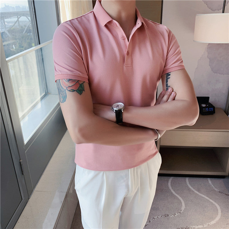 Solid Color Polo Shirt Youth Business Casual Lapels Short Sleeve Pink - D&A