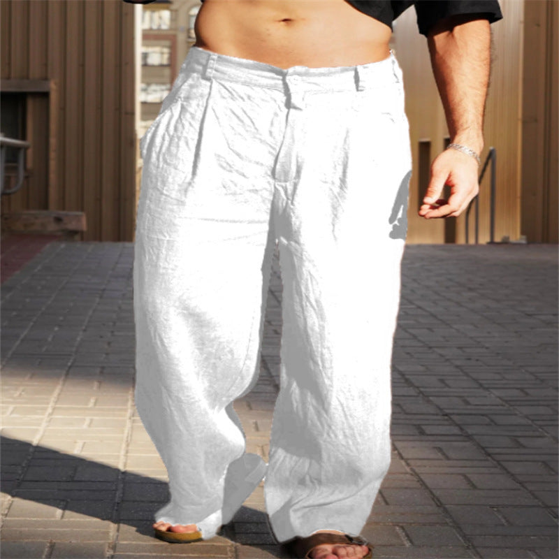 Men's Spring And Summer Linen Pleated Wide-leg Pants Mid-waist Breathable White - D&A