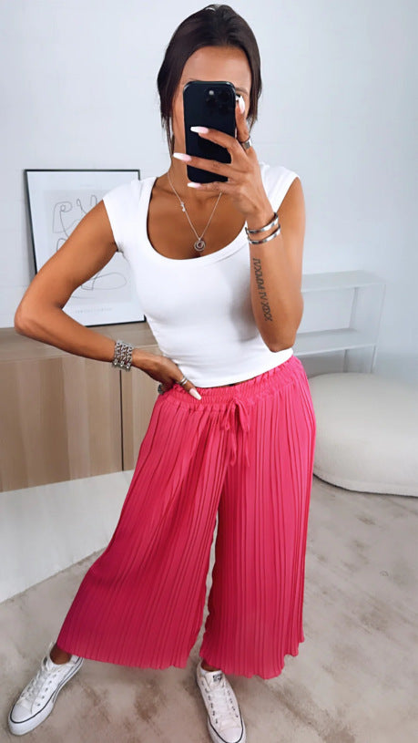 High Waist Casual Draping Pleated Straight-leg Pants Watermelon Red - D&A