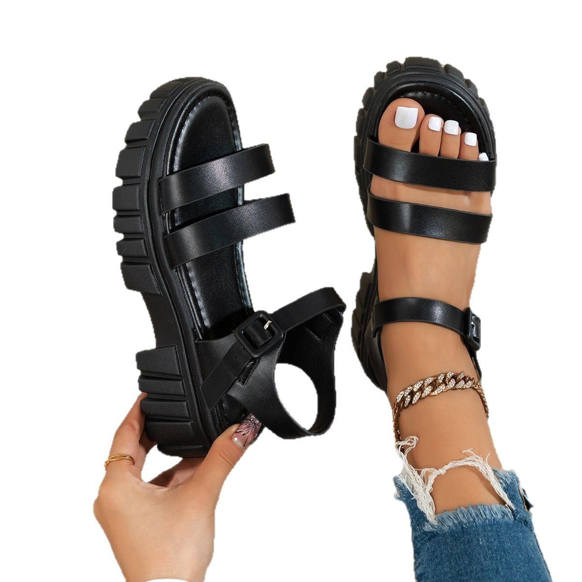 Open Toe Comfortable Muffin Bottom Ankle-strap Buckle Sandals - D&A