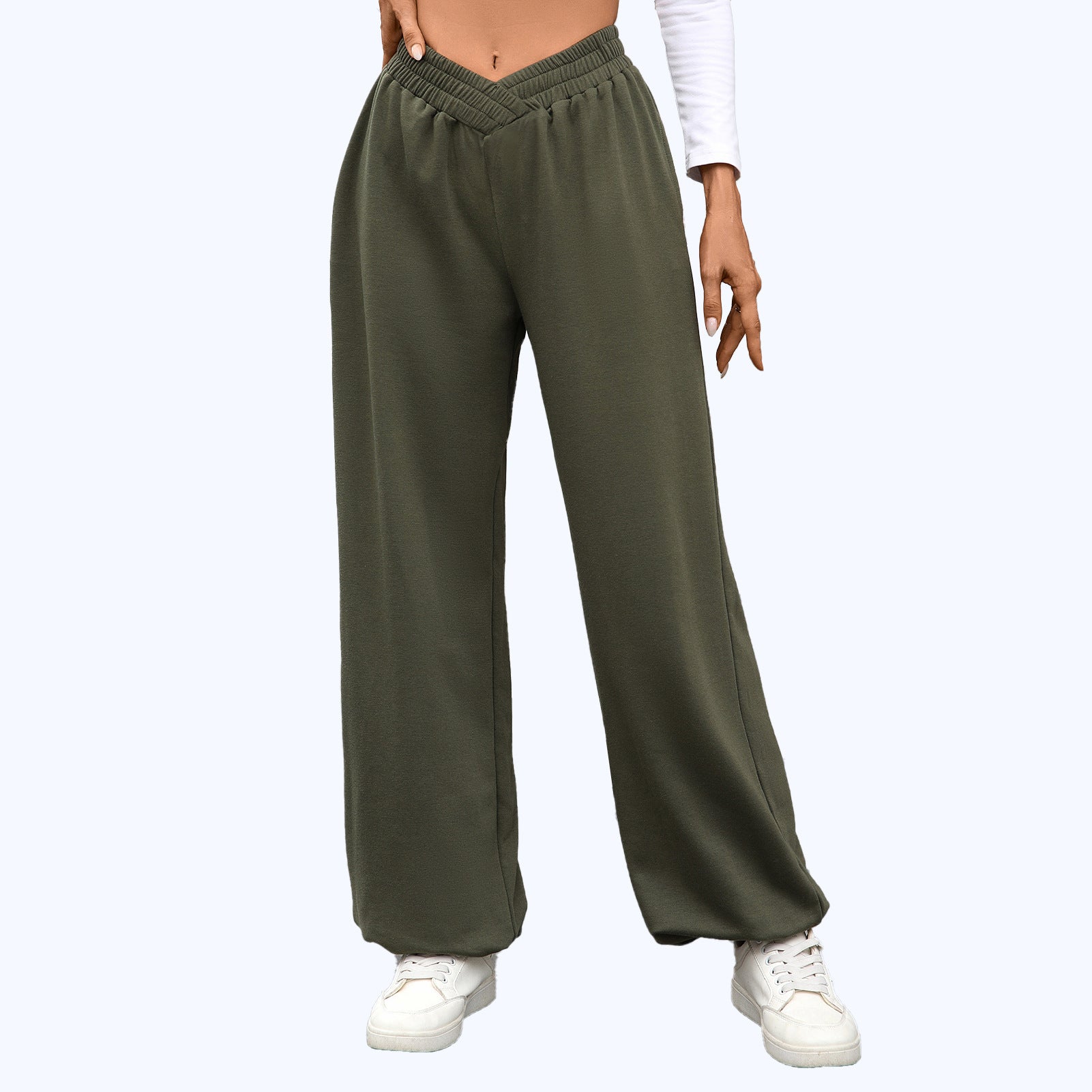 High Waist Pure Color Pocket Ankle-tied Trousers Casual Pants For Women Army Green - D&A