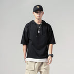 Solid Color Loose Fit Summer Hooded Men's Short-sleeved T-shirt Black - D&A