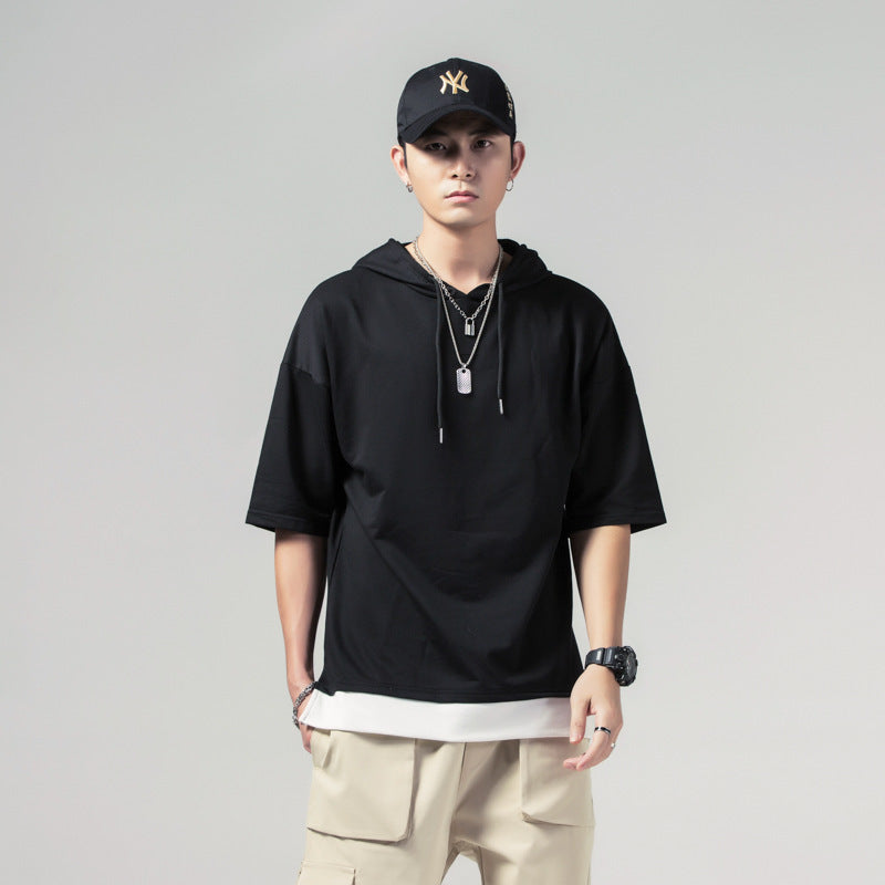 Solid Color Loose Fit Summer Hooded Men's Short-sleeved T-shirt Black - D&A