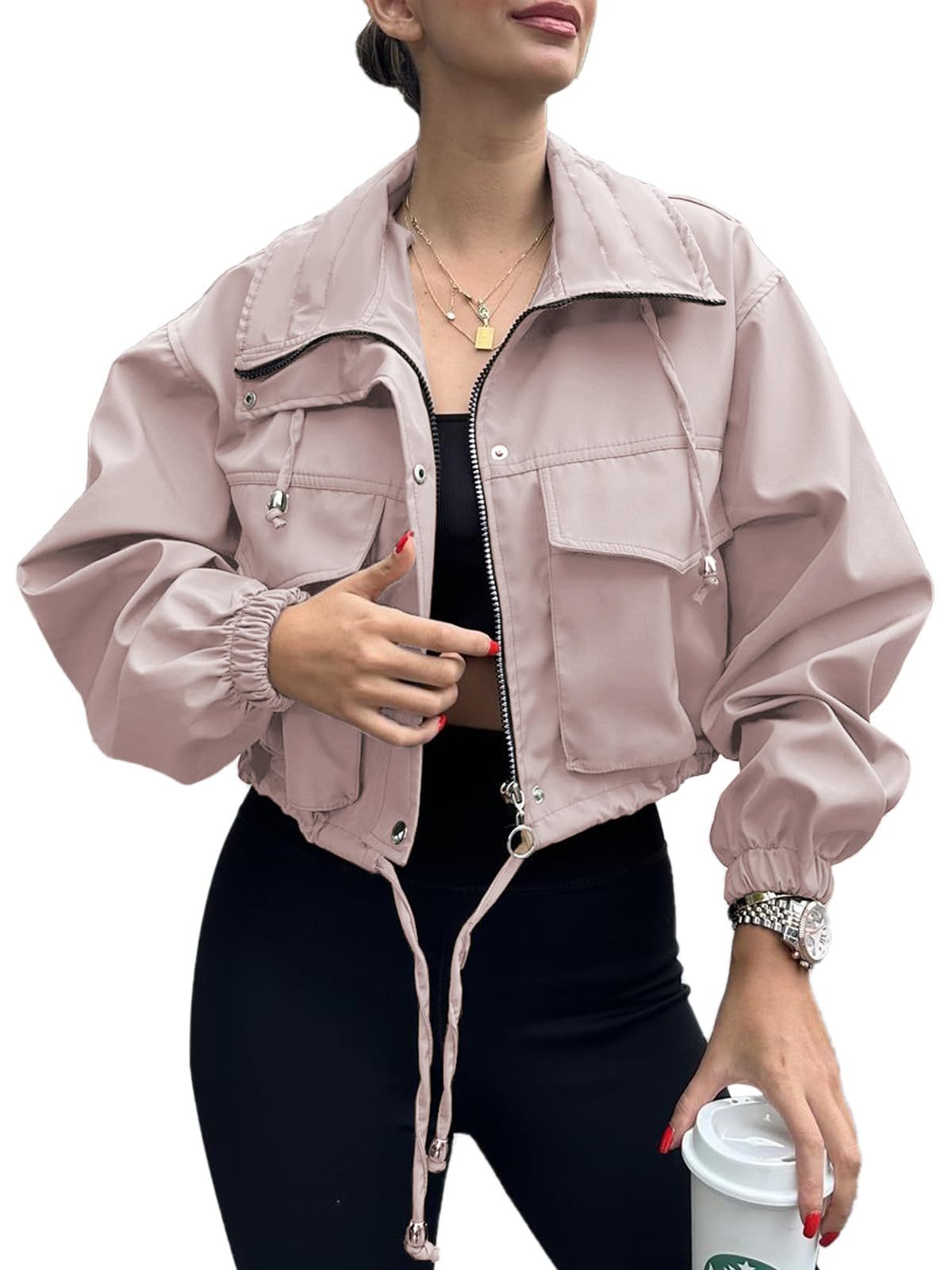 Solid Color Women's Short Jacket Zipper Trench Coat Pink - D&A