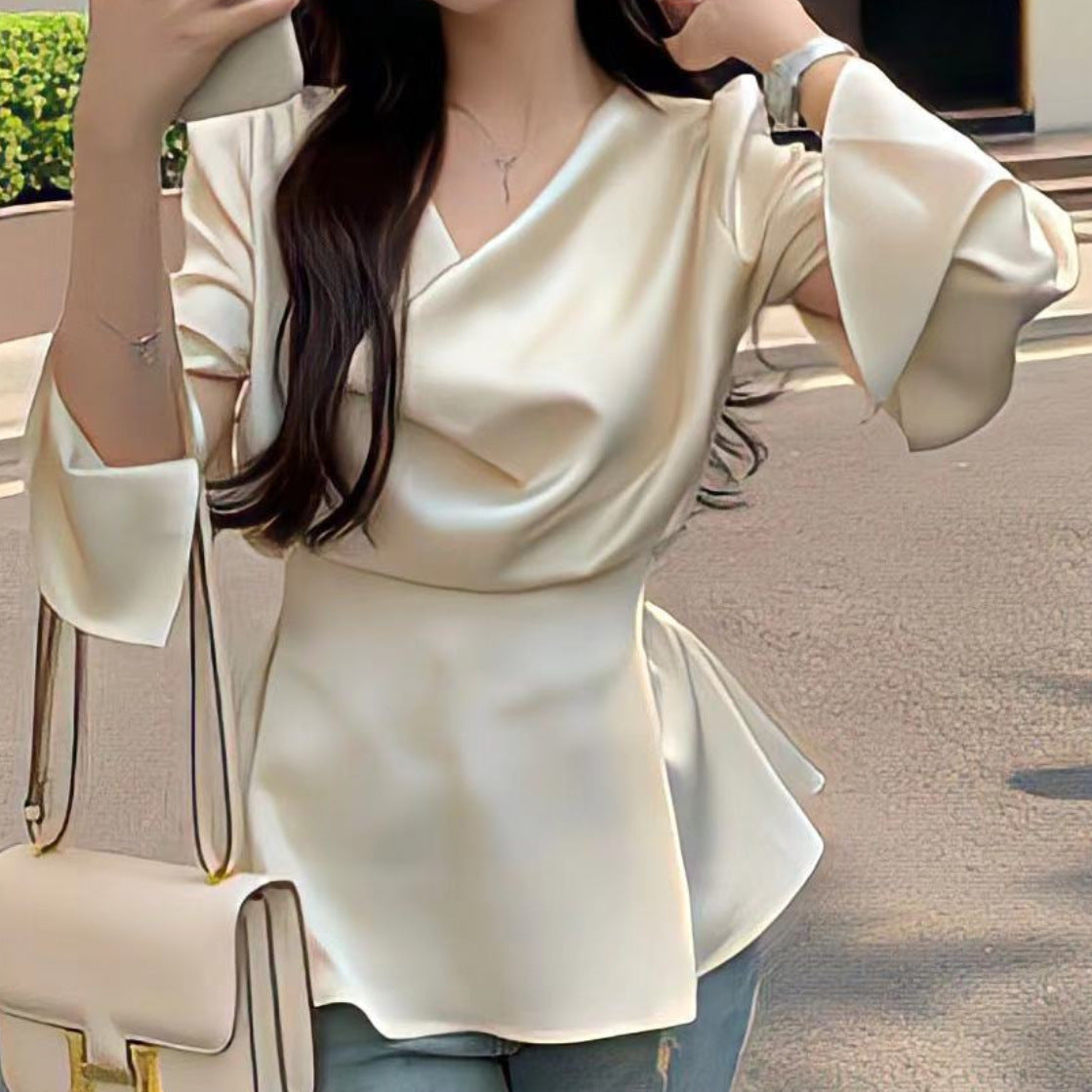 High-end Irregular Bell Sleeve Waist-tight Graceful Satin Long Sleeve Shirt - D&A