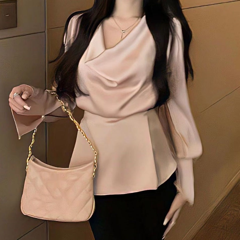 High-end Irregular Bell Sleeve Waist-tight Graceful Satin Long Sleeve Shirt - D&A
