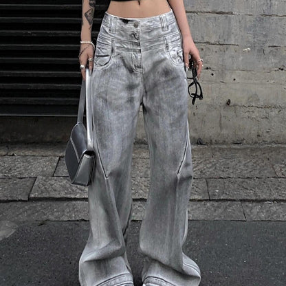 Women's Retro Straight Jeans With Old And Dirty Design - D&A