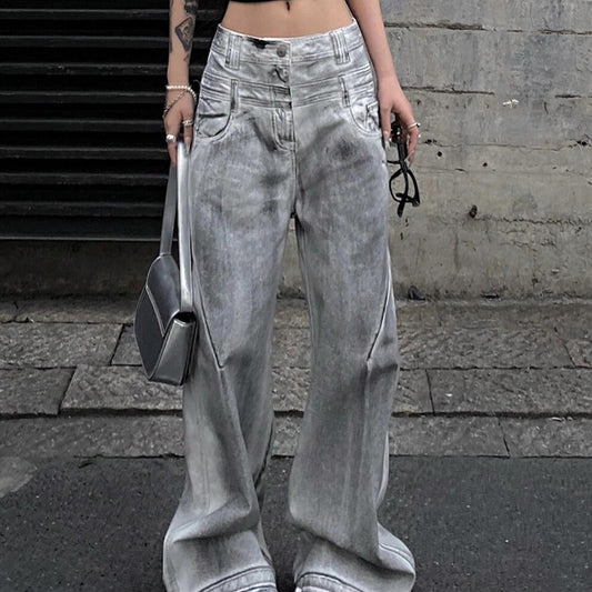 Women's Retro Straight Jeans With Old And Dirty Design - D&A