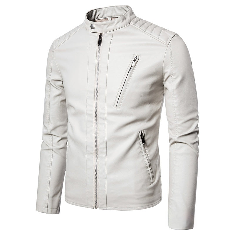 Spring And Autumn Men's Slim Leather Clothing With Stand Collar Jacket 601 White - D&A