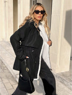 Drawstring Waist Hooded Plush Lined Parka Coat - D&A