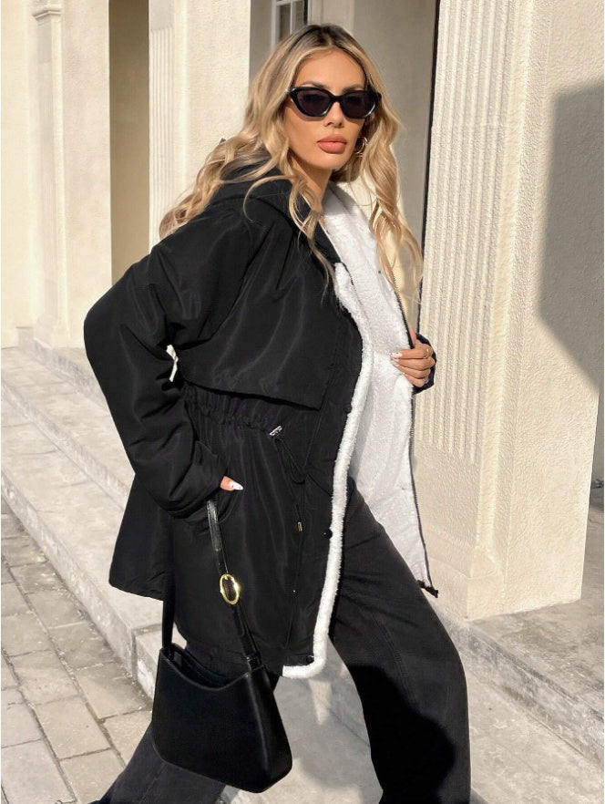 Drawstring Waist Hooded Plush Lined Parka Coat - D&A