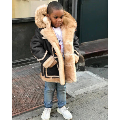Boys' Warm Fur All-in-one Fashion Hooded Jacket Black - D&A