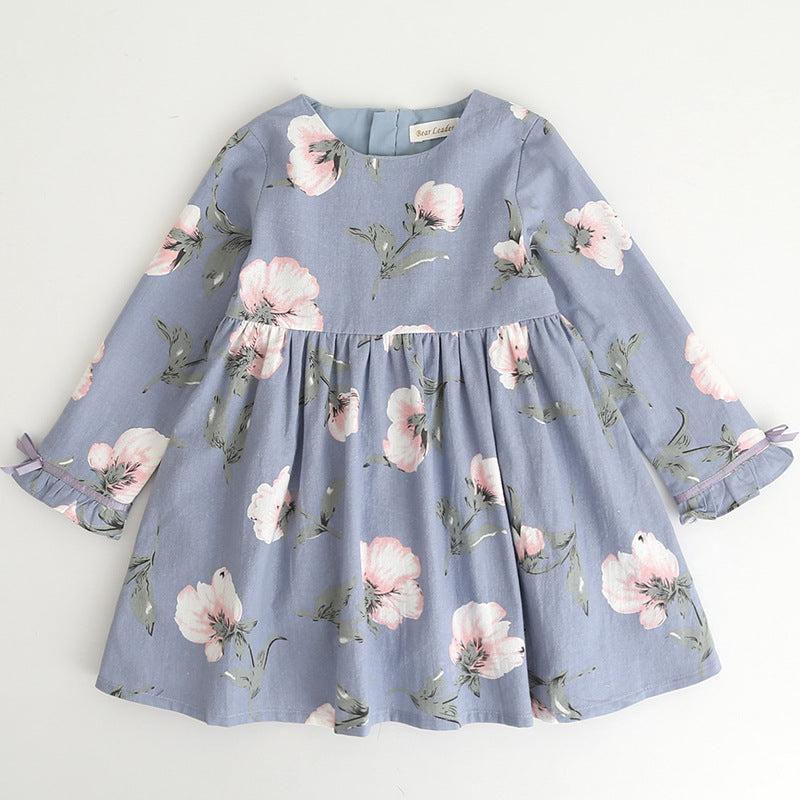 autumn dress, new girl princess dress, full print flower, bow knot long sleeve dress, children's clothing wholesale 2 - D&A