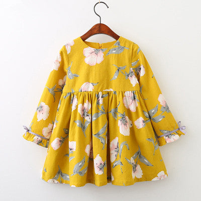 autumn dress, new girl princess dress, full print flower, bow knot long sleeve dress, children's clothing wholesale - D&A